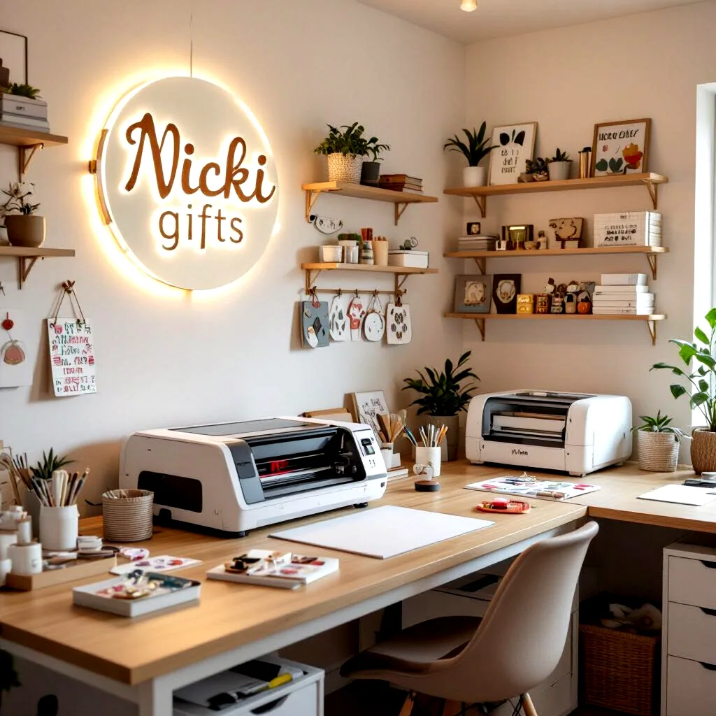 Atelier van Nicki Gifts in West-Vlaanderen met lasermachine en verlicht Nicki Gifts naambord