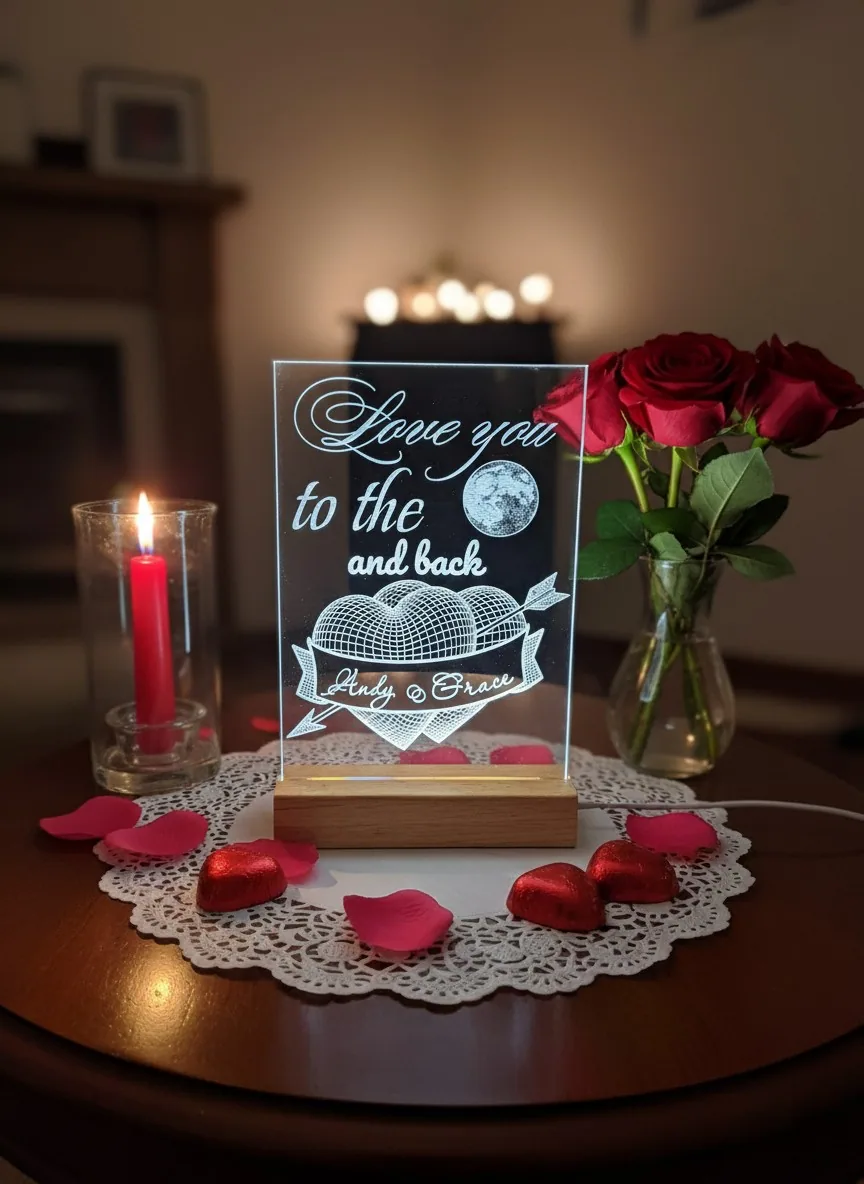 Gegraveerde plexi LED-lamp op houten voet met de tekst Love you to the moon and back en de namen Andy en Grace, tussen kaarslicht en rode rozen