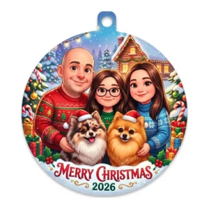 Gepersonaliseerde acryl kerstbal met getekend familieportret van een gezin met twee pomeriaantjes en de tekst Merry Christmas 2026