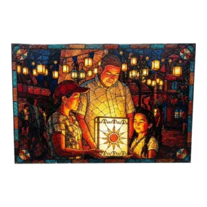 Foto omgezet in glasraam-effect op acryl: een gezin rond een gloeiende lantaarn met zonmotief tussen hangende lichtjes