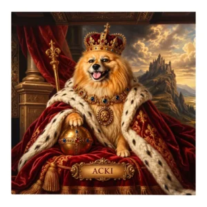Huisdierportret op canvas: pomeriaan Acki als koning met kroon, hermelijnen mantel, rijksappel en scepter
