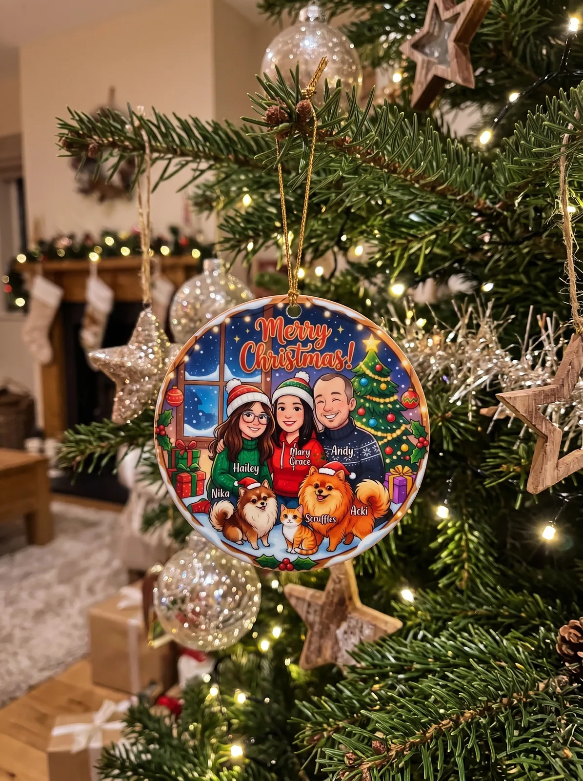 Ronde kerstbal met familieportret en namen aan een gouden koordje in een verlichte kerstboom, met de open haard op de achtergrond