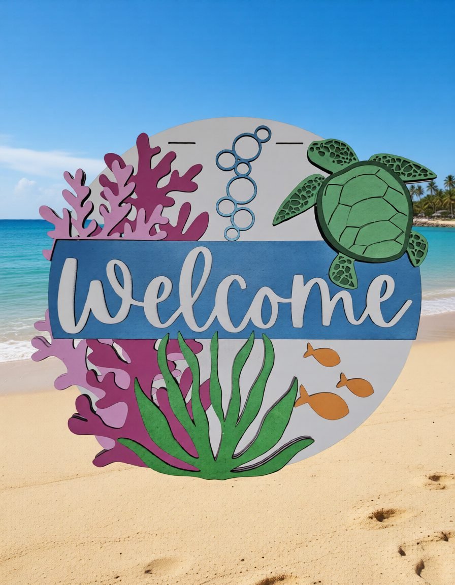 Wooden door hanger with an engraved sea turtle